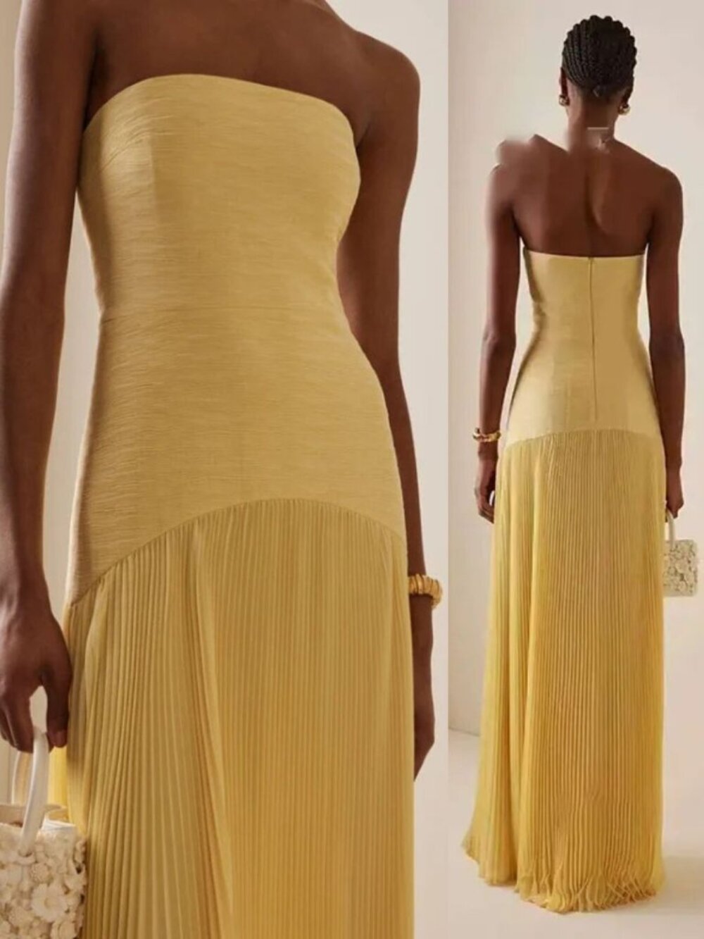 Alexis Sunniva Dress Yellow Pleated Strapless Plissé Maxi Gown NWT Size S - Picture 12 of 12